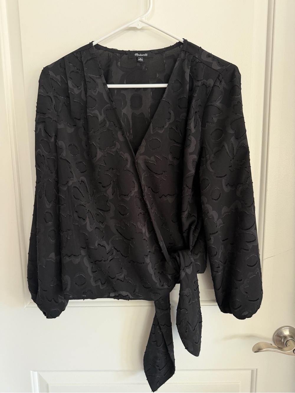Madewell Black Textured Tie-Waist Wrap Blouse